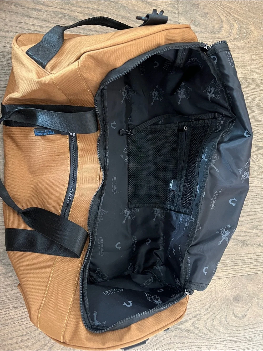 True Religion Tan Canvas Duffel with Black Straps